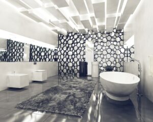 A black and white bathroom design ideas with a tub.