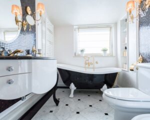 A black and white bathroom with a bathtub in the city for bathroom designs.