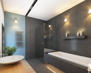 A 3D rendering of a bathroom remodeling with a bathtub and sink in City.