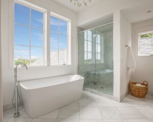A glass shower and bathtub in a white bathroom.