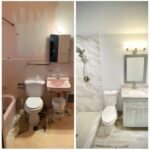 Before and after images of a bathroom renovation, showing a dated bathroom with an old bathtub on the left and a modernized bathroom with a sleek shower on the right.