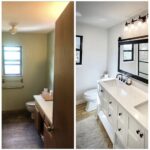 Before and after the bathroom remodel, showcasing updated fixtures, lighting, a modern color scheme, and an elegant bathtub.