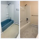 A before and after comparison of a bathroom remodel, showing an updated shower area with new wall panels and flooring.