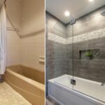Side-by-side comparison of two bathroom showers, the left with a dated design and the right featuring a modern bathroom remodel.