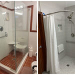 A split-image comparison showing two different bathroom remodel shower setups, one with a glass door enclosure and the other with a curtain rod and curtain.