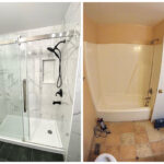 Before and after images of a bathroom remodel showing the transformation from a dated bathroom with a tub, beige tiles, and no bathroom cabinet to a modern bathroom with a walk-in shower, marble-like tiles,