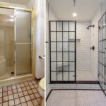 A before-and-after comparison of bathroom renovations, showing an outdated bathtub on the left and a modern updated shower on the right.