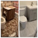 Before and after photos of a bathroom renovation showing the replacement of old flooring and vanity with updated versions, including a new bathroom countertop.