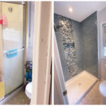 Before and after images of a bathroom renovation, showing the transformation from an outdated design to a modern one featuring new tiling, fixtures, a bathtub, and a fresh color scheme.