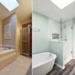 Two different styled bathroom designs showcasing a bathtub/shower combination on the left and a separate bathtub and walk-in shower on the right.