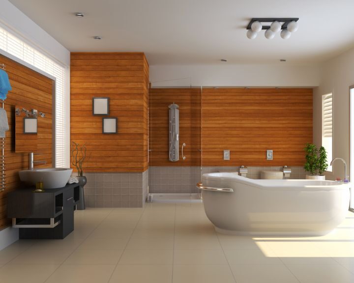 A bathroom design with wooden walls and tiled floors.